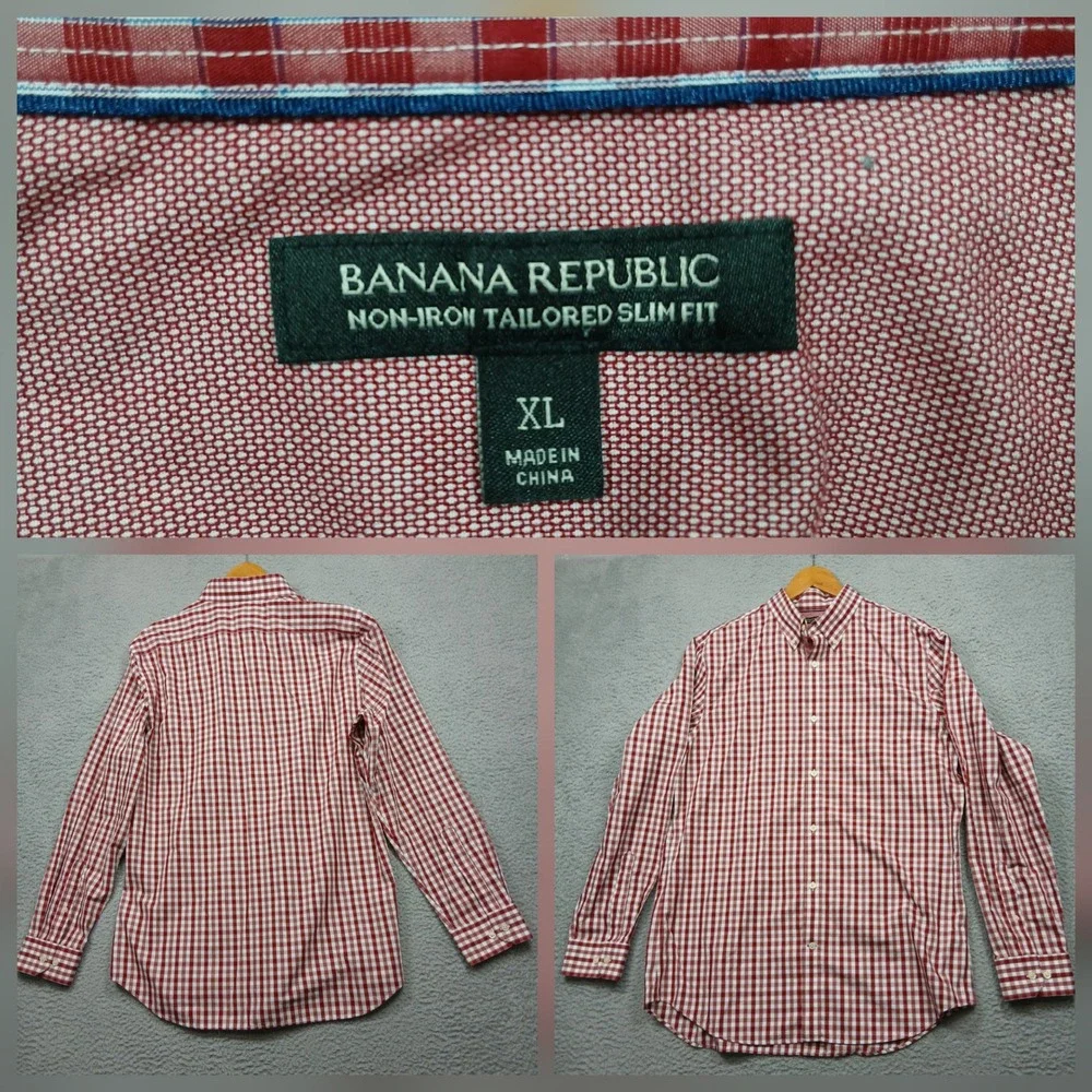 Banana Republic Slim Fit Shirt Men's XL Red‎ White Gingham Non-Iron Cotton
